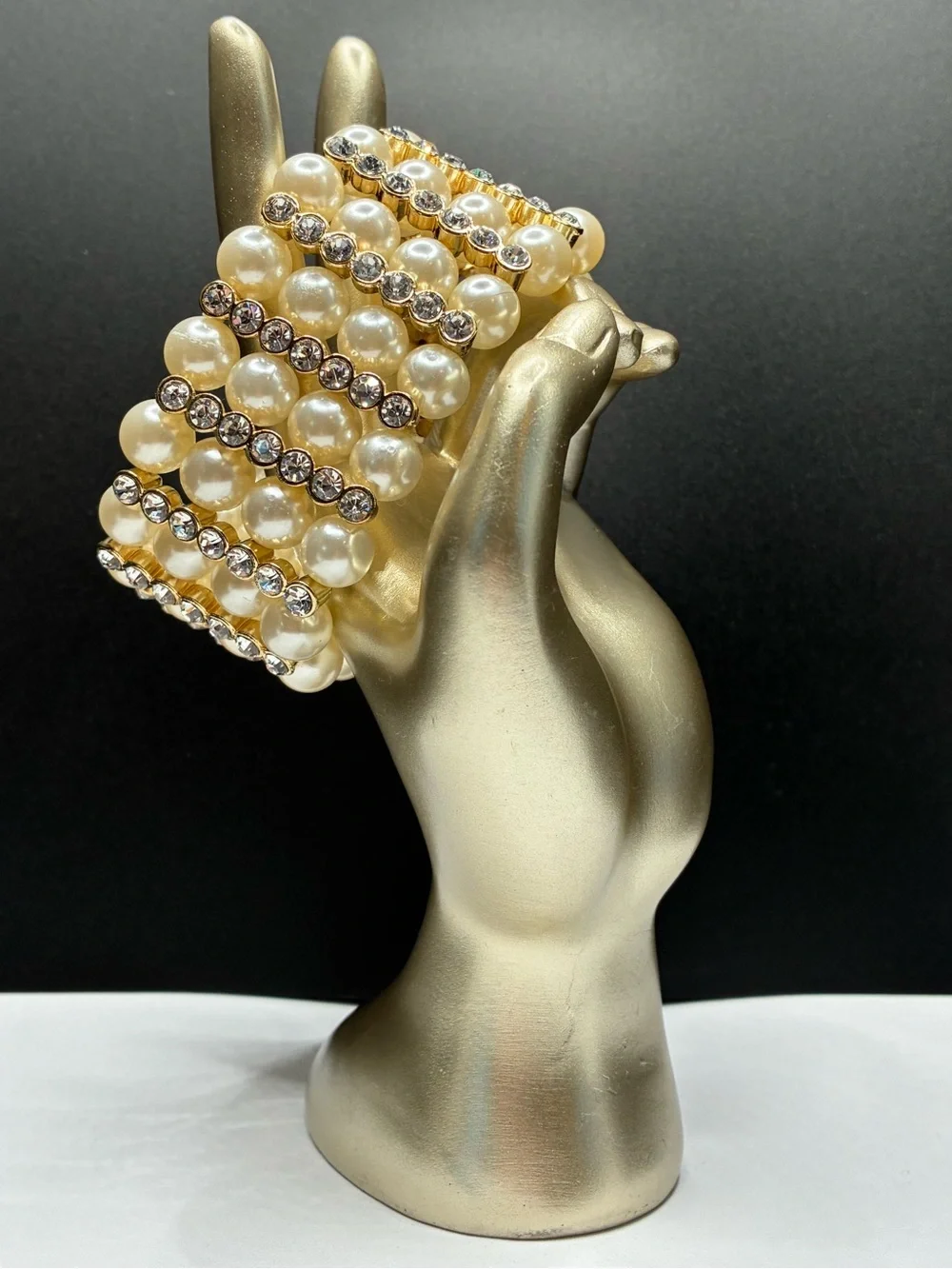 Stunning Cuff Style Pearl & Crystal Gold Stretch Bracelet - Women Accessorie